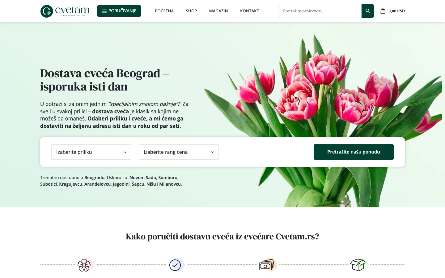 Cvetam homepage with the occasion and price range search at the top