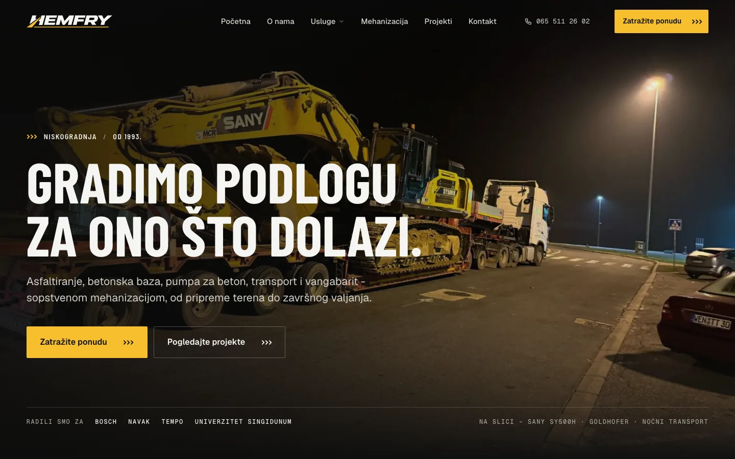 The Hemfry Co. home page with a photograph of an excavator moved at night