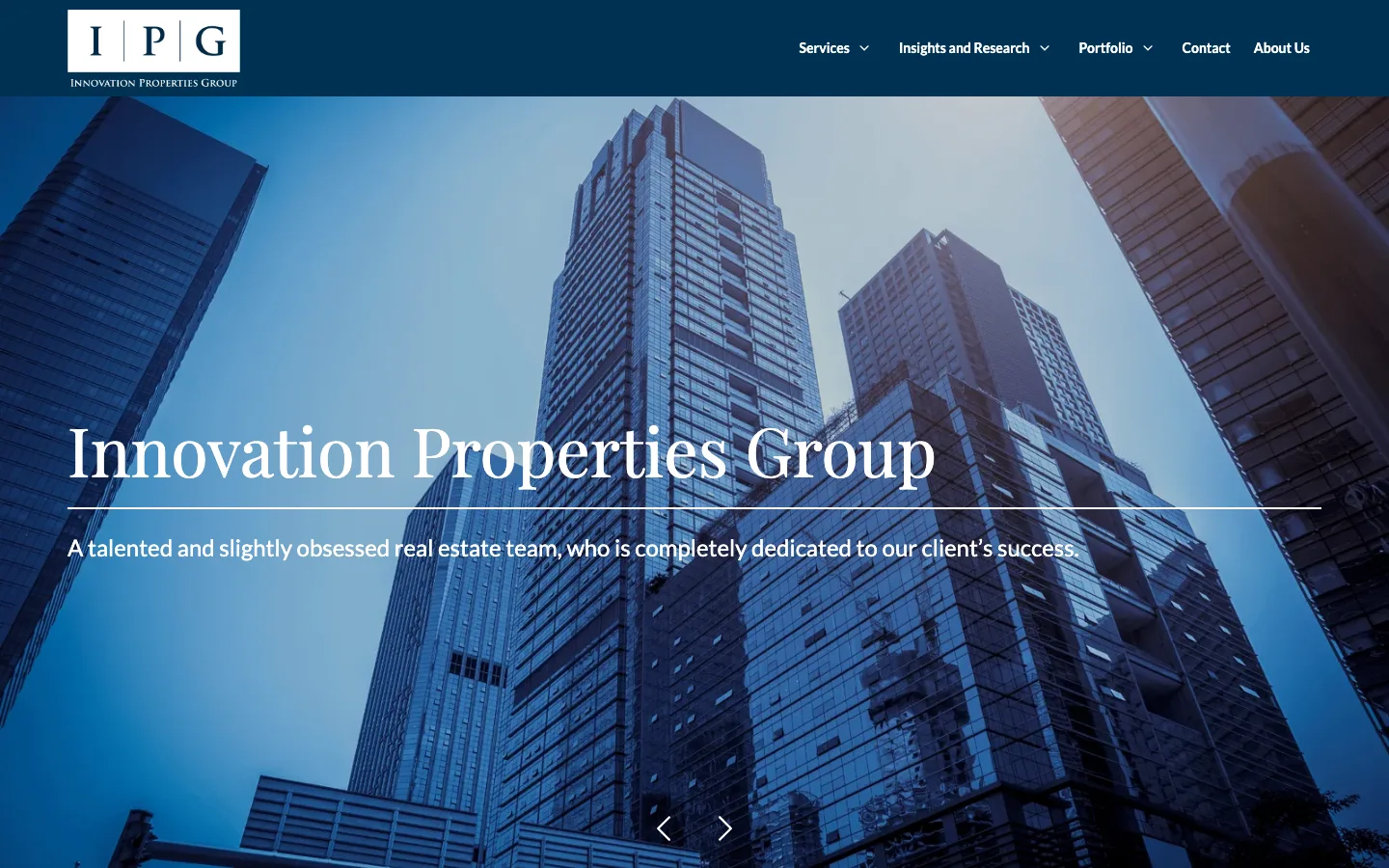 Innovation Properties Group homepage with the hero and the three-column navigation